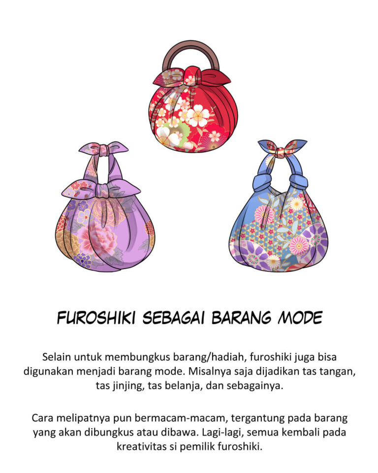 Furoshiki sebagai barang mode

Selain untuk membungkus barang/hadiah, furoshiki juga bisa digunakan menjadi barang mode. Misalnya saja dijadikan tas tangan, tas jinjing, tas belanja, dan sebagainya.

Cara melipatnya pun bermacam-macam, tergantung pada barang yang akan dibungkus atau dibawa. Lagi-lagi, semua kembali pada kreativitas si pemilik furoshiki. 
